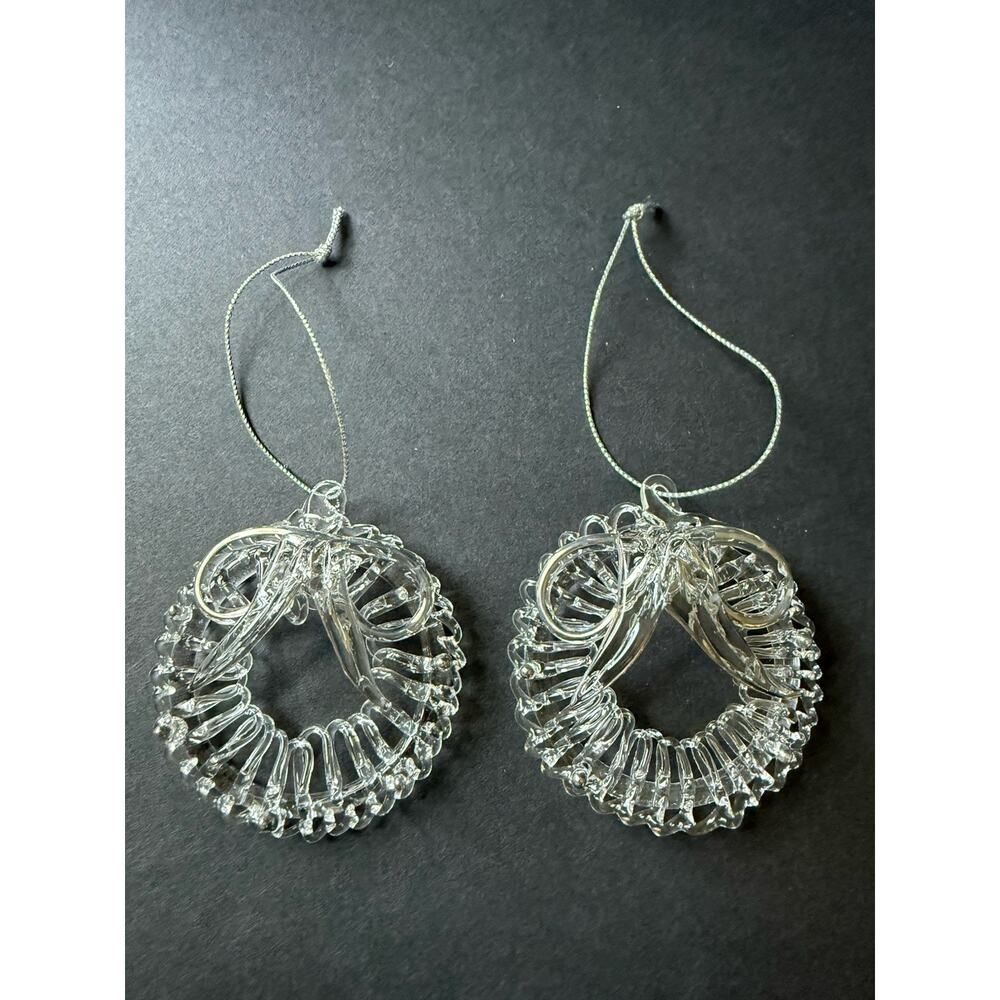 Crystal Wreath Ornaments Clear Glass Handcrafted Set (2) Holiday